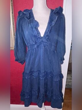 Pilcro Blue Ruffled V-Neck Women's Dress size small petite from Anthropologie